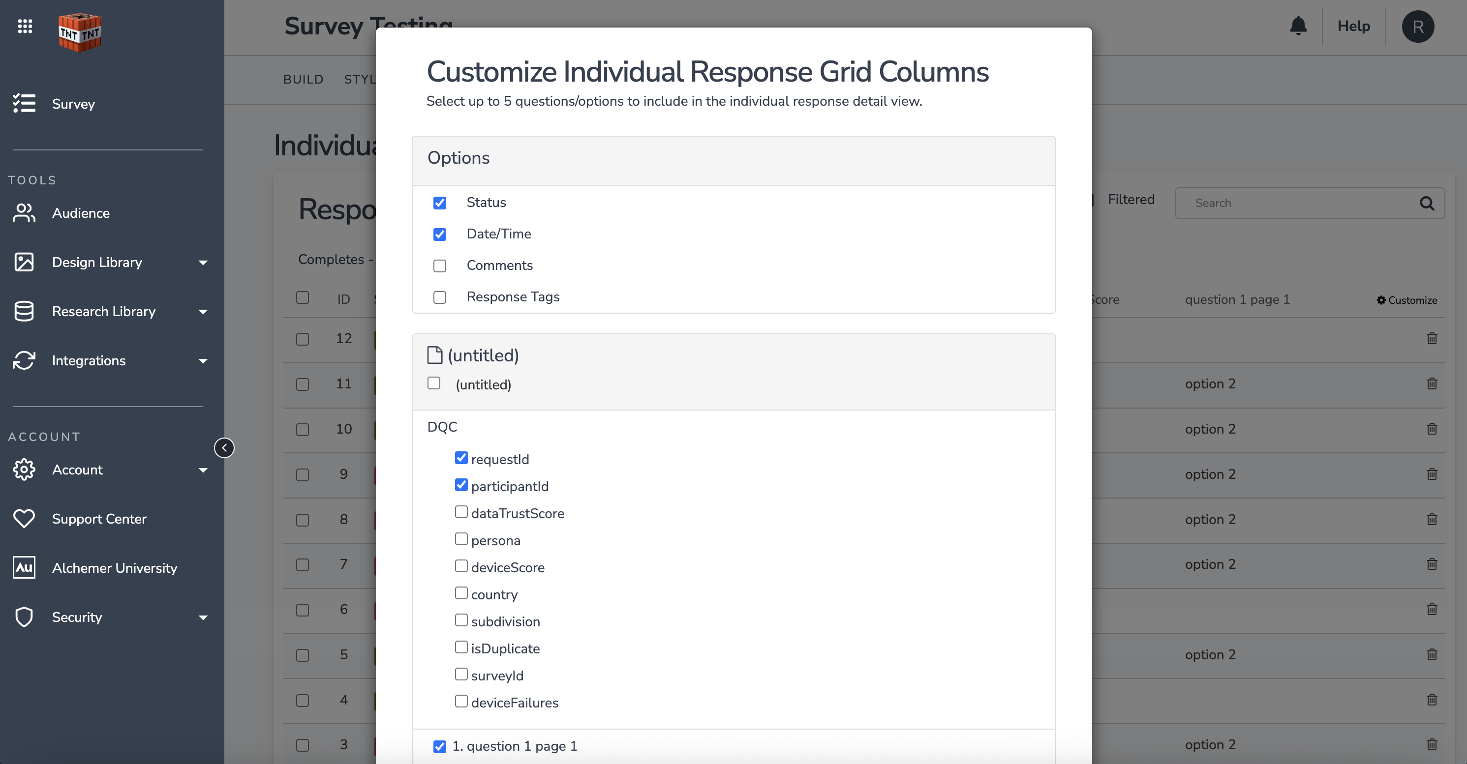 Customize Individual Response Grid Columns dialog with DQC fields available to select