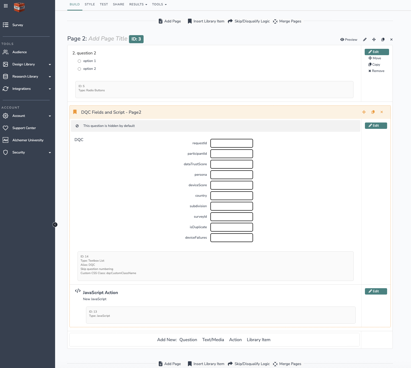 Page-2 Library item in the Alchemer Build tab showing the hidden DQC fields question and the JavaScript Action together